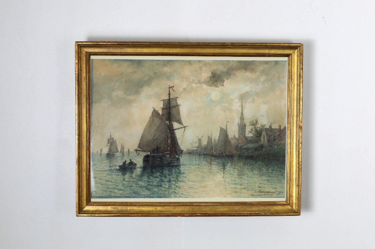 Louis Etienne Timmermans – Voiliers Au Port – Aquarelle – Signé Et Daté 1900-photo-6