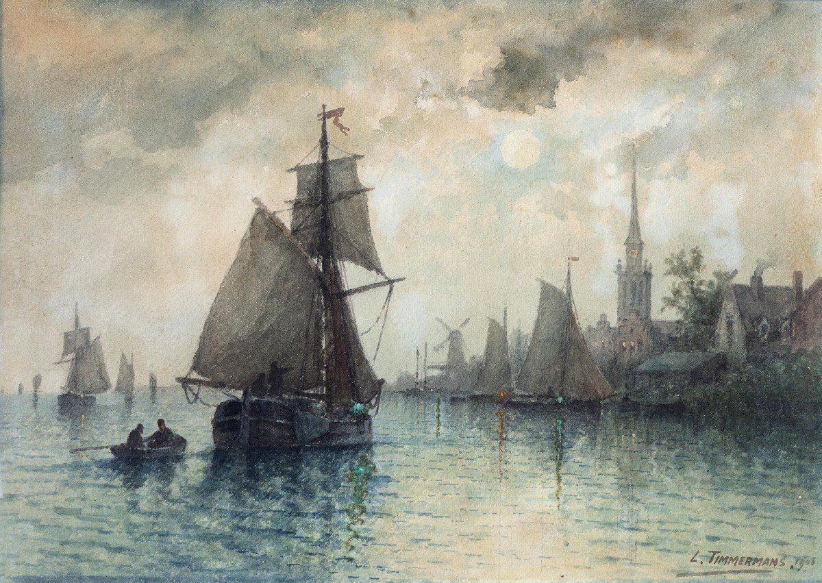 Louis Etienne Timmermans – Voiliers Au Port – Aquarelle – Signé Et Daté 1900