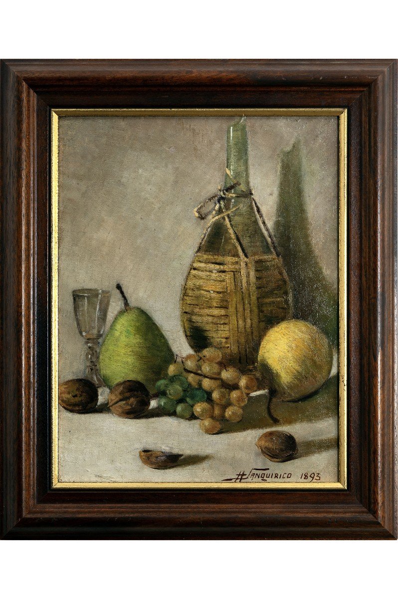 A.	Sanquirico – Nature Morte Aux Fruits Et à La Bouteille Paillée– Signé Et Daté 1893-photo-2