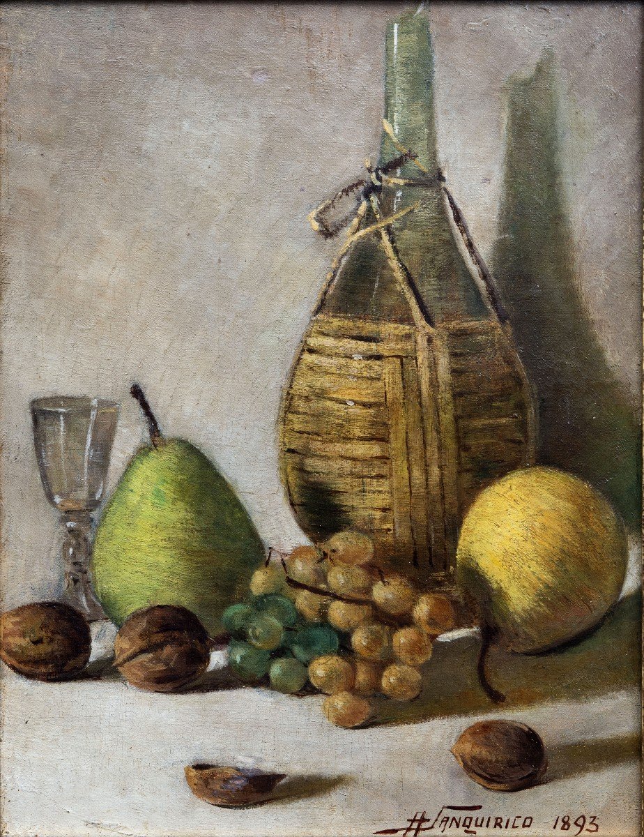 A.	Sanquirico – Nature Morte Aux Fruits Et à La Bouteille Paillée– Signé Et Daté 1893