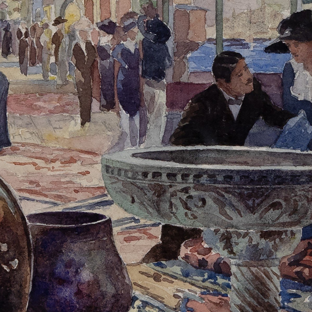 Oriental Market At The 1913 Universal Exhibition – Watercolor – Monogrammed And Dated-photo-2