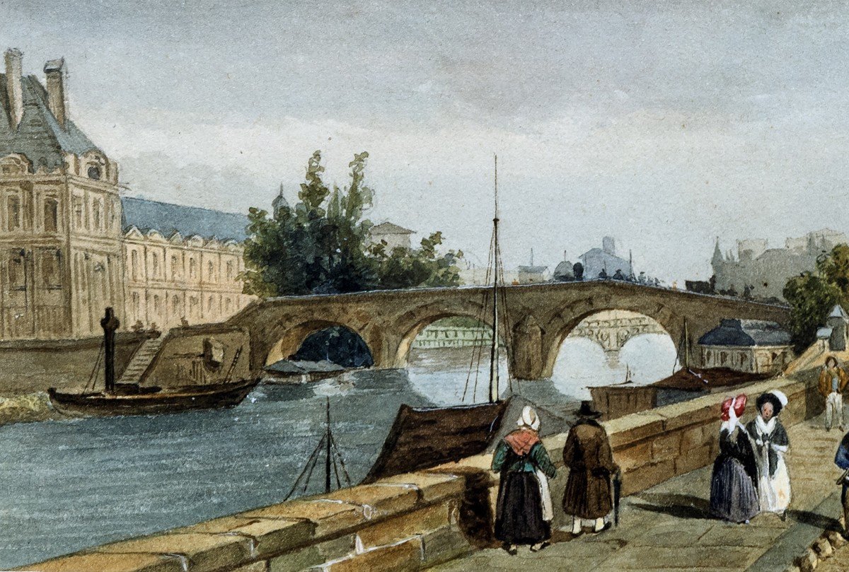 Paris, Le Quai D’orsay En 1839, d'après F. E. Villeret – Gouache Aquarellée-photo-1