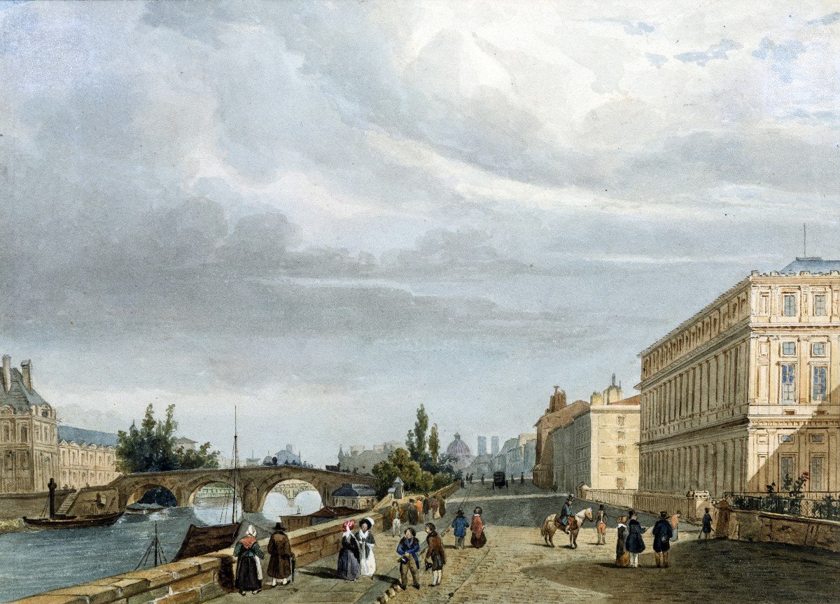 Paris, Le Quai D’orsay En 1839, d'après F. E. Villeret – Gouache Aquarellée