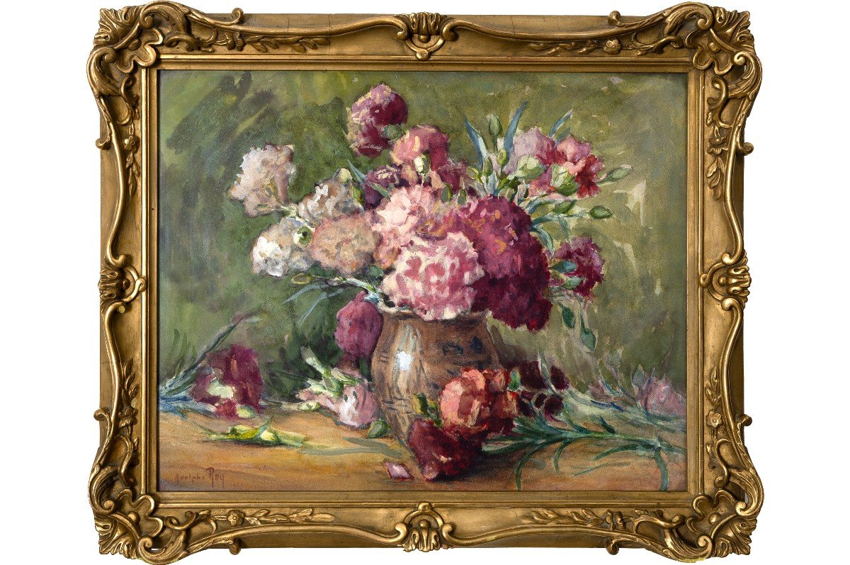 Adolphe Rey – Bouquet Of Pink Carnations – Watercolor – Signed And Dated 1923-photo-2