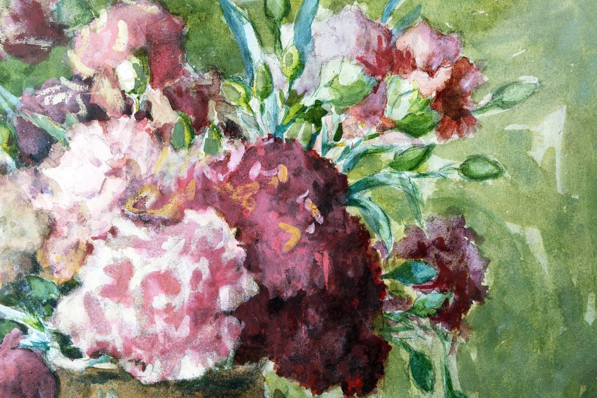 Adolphe Rey – Bouquet Of Pink Carnations – Watercolor – Signed And Dated 1923-photo-1