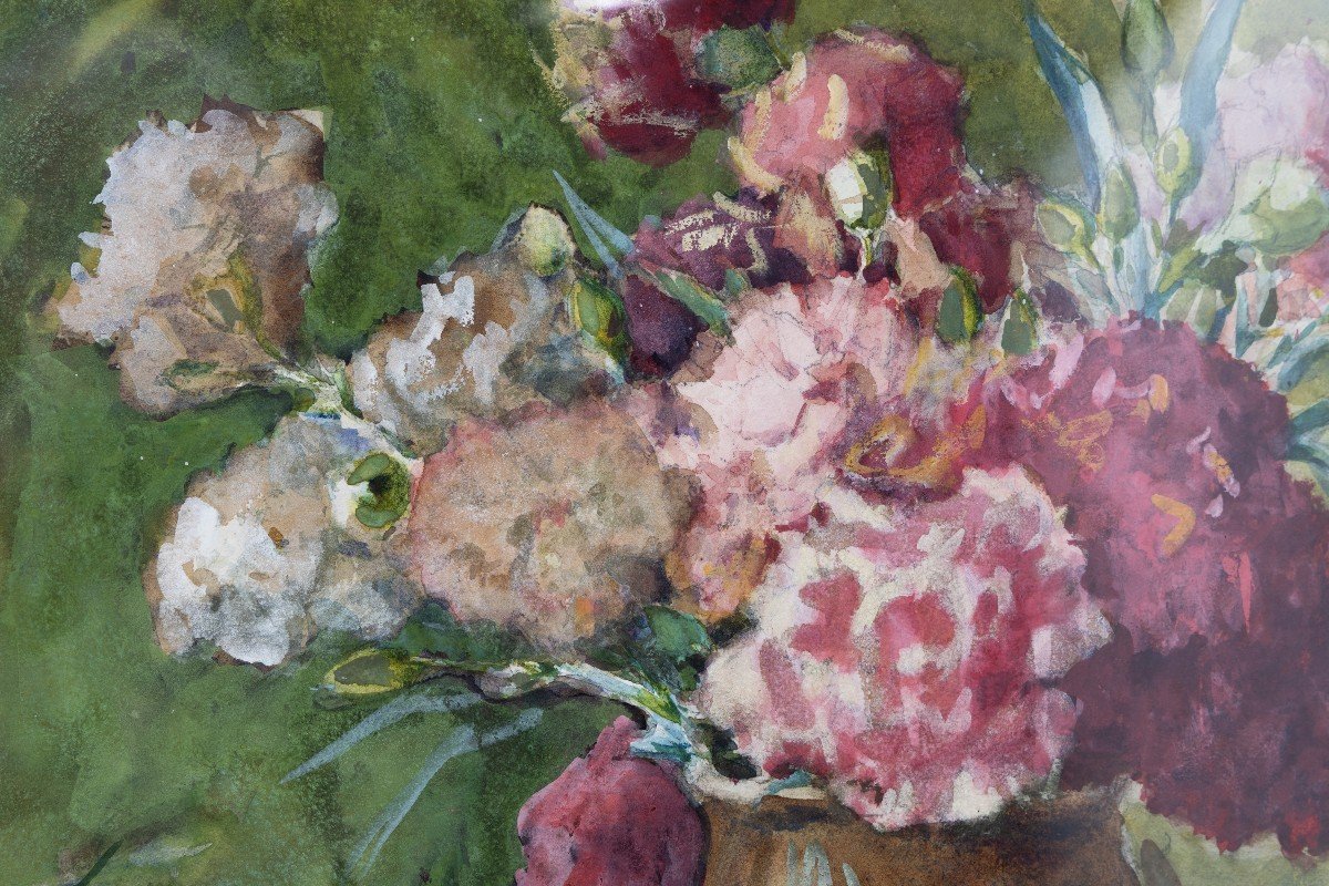 Adolphe Rey – Bouquet Of Pink Carnations – Watercolor – Signed And Dated 1923-photo-2