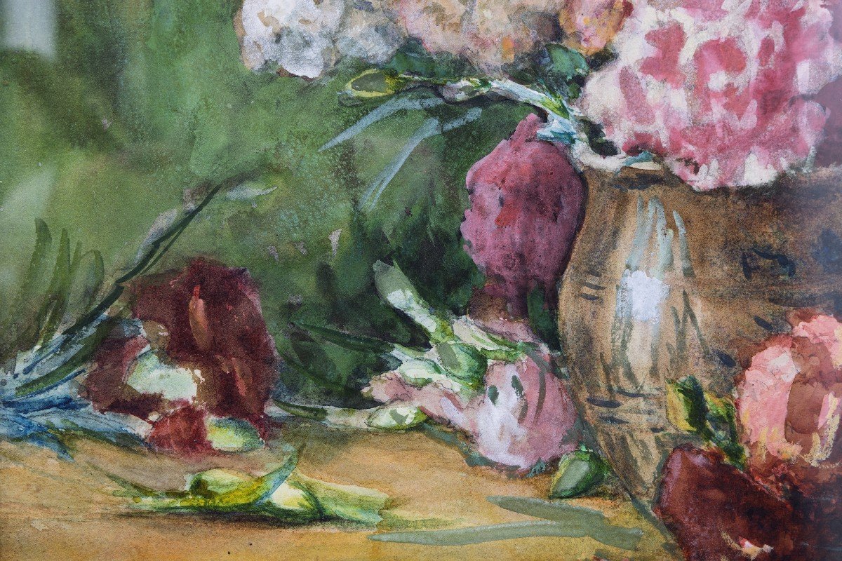 Adolphe Rey – Bouquet D’œillets Roses – Aquarelle – Signé Et Daté 1923-photo-3