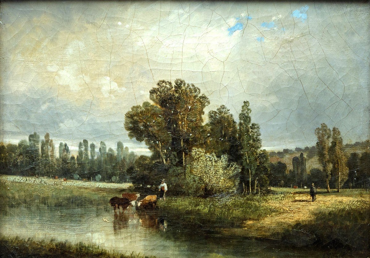 Auguste Vyaret – Scène Champêtre Avec Vaches – Huile Sur Toile - Signé