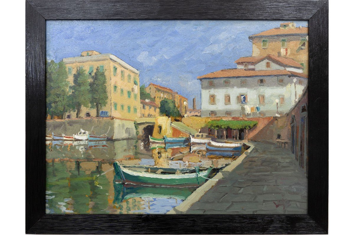 Giancarlo Landi – Le Port De Livourne (italie) – Huile Sur Panneau - Signé-photo-2