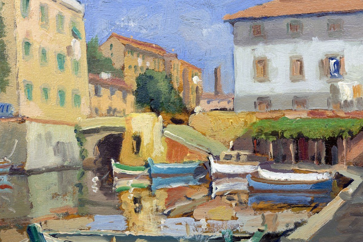 Giancarlo Landi – Le Port De Livourne (italie) – Huile Sur Panneau - Signé-photo-1