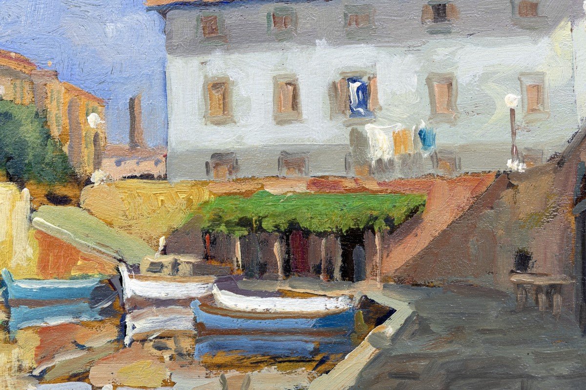 Giancarlo Landi – Le Port De Livourne (italie) – Huile Sur Panneau - Signé-photo-2