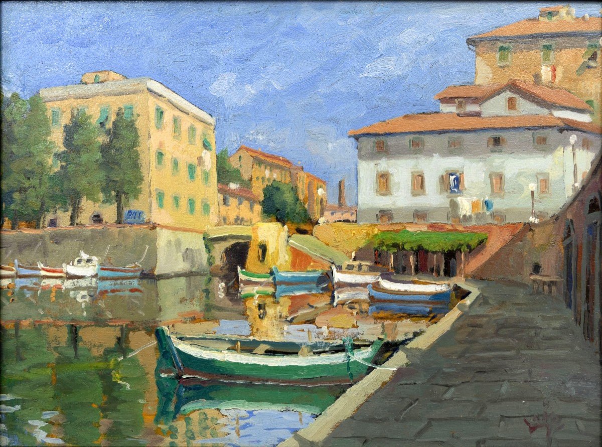 Giancarlo Landi – Le Port De Livourne (italie) – Huile Sur Panneau - Signé