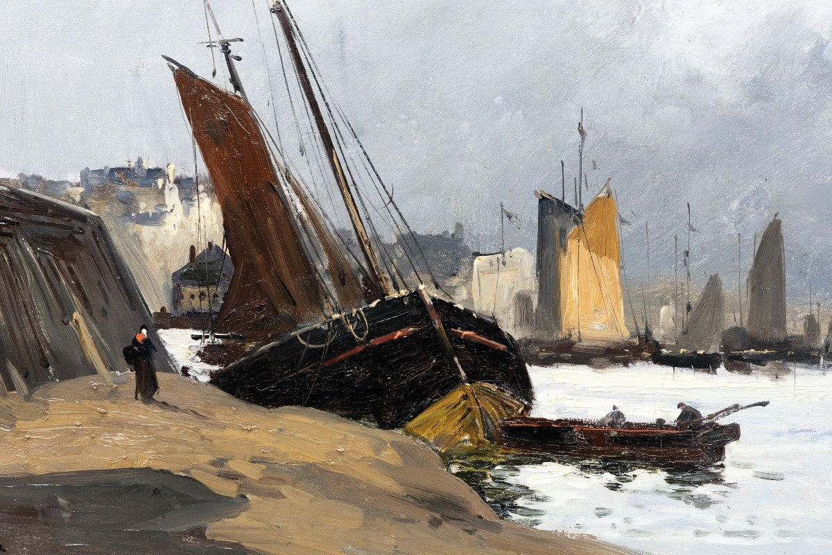 Albert Nolet – Bateaux Au Port – Huile Sur Toile - Signé-photo-1