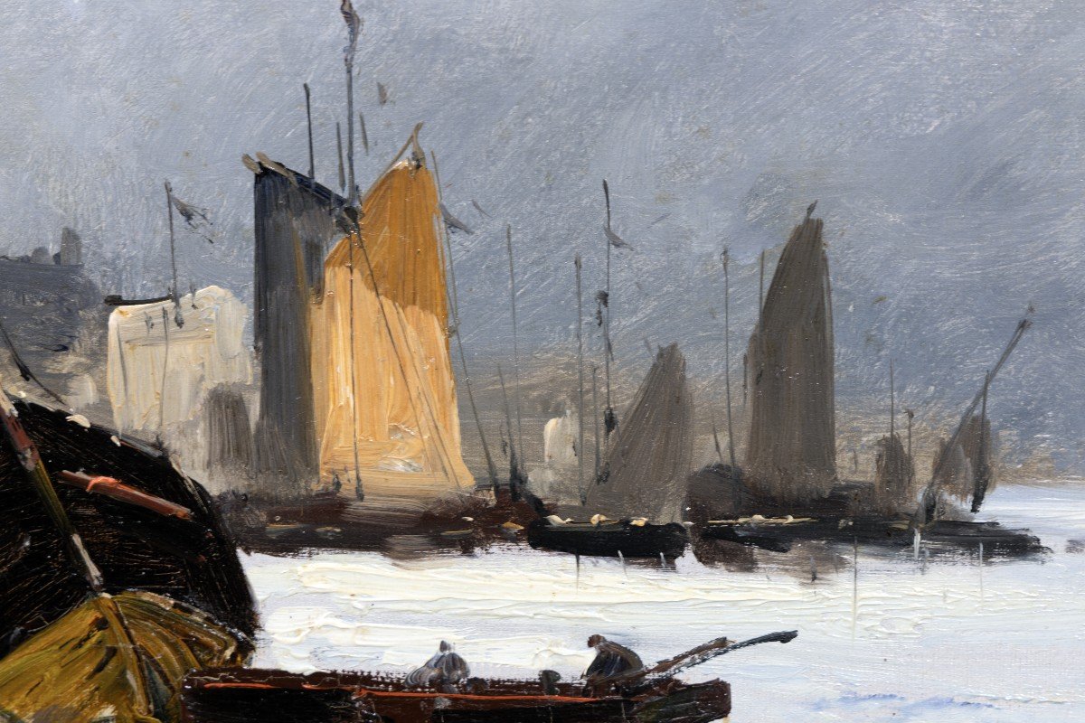 Albert Nolet – Bateaux Au Port – Huile Sur Toile - Signé-photo-3