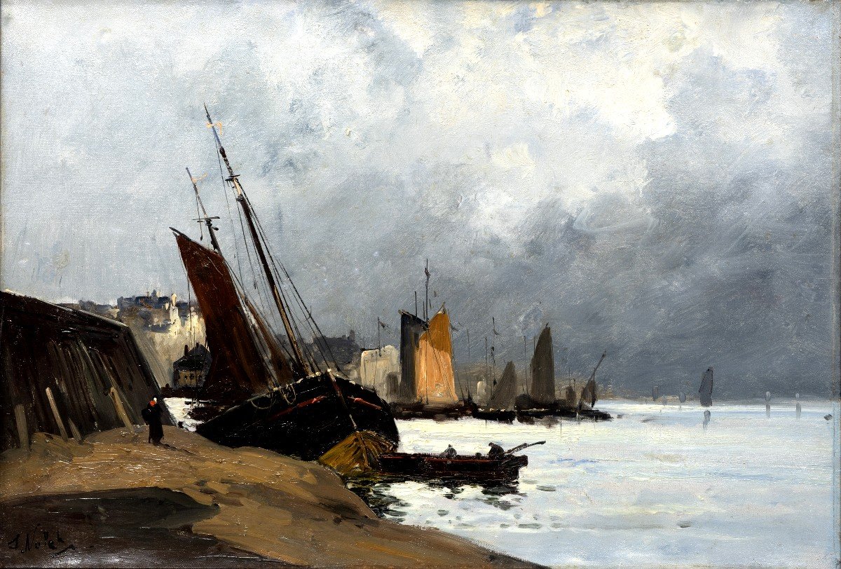 Albert Nolet – Bateaux Au Port – Huile Sur Toile - Signé