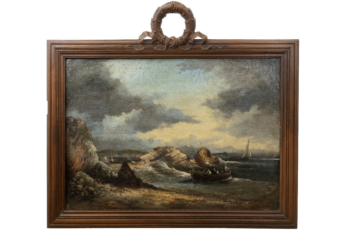 Marine – Pierre Decoreis – Chaloupe Sur Côte Rocheuse - Huile Sur Toile – Signé Et Daté-photo-2