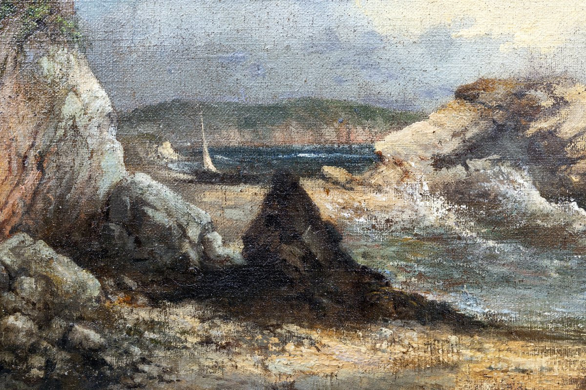 Marine – Pierre Decoreis – Chaloupe Sur Côte Rocheuse - Huile Sur Toile – Signé Et Daté-photo-1