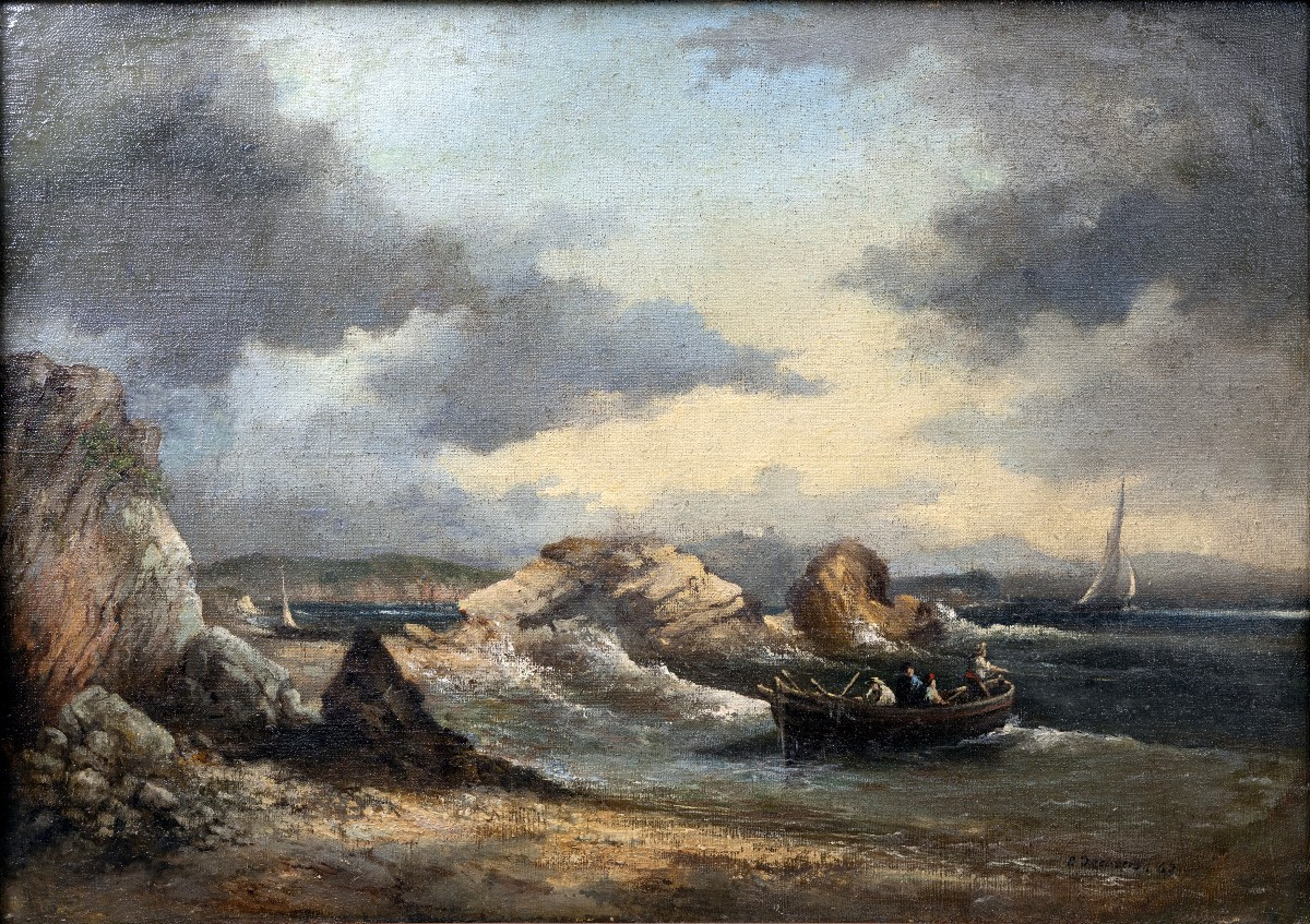 Marine – Pierre Decoreis – Chaloupe Sur Côte Rocheuse - Huile Sur Toile – Signé Et Daté