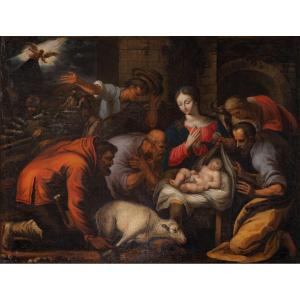 Flemish School 2nd Half 16th C. – Adoration Of The Shepherds – Oil On Panel