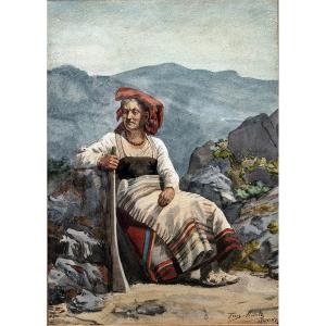 Meerts Franz (belgium, 1836-1896) – Italian Peasant Woman – Watercolor – Signed