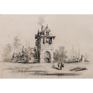 Noel Jules – Scène Animée : La Tour Normande – Dessin à La Mine De Plomb – Circa 1848