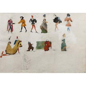 Delaroche Paul – Costumed Characters – Watercolor Drawings, Sheet 2 – Circa 1830 – Monogrammed