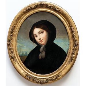 Portrait – Young Girl In A Cape – Oil On Canvas – 1st Half Of The 19th Century