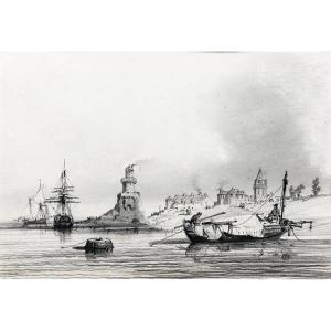 Marine – Noël Jules – Bateaux Au Port – Dessin à La Mine De Plomb – Circa 1847