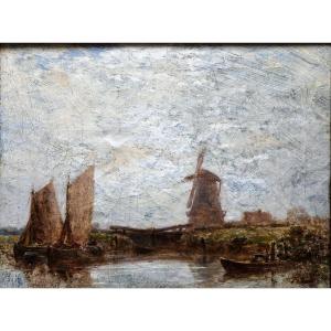 Maris Jacob – Scène Hollandaise Avec Bateaux Et Moulin  – Signé – XIXe S.