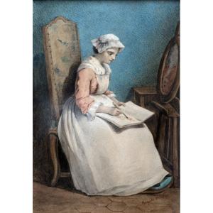 Di Salvo Marquise – Jeune Fille Dessinant – Aquarelle – Signé – XIXe S.