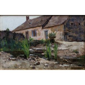 Barberiis Eugène De (1851 – 1937) – Ferme Et étang -  Huile Sur Panneau – Circa 1890