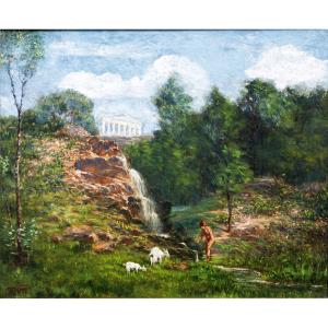 Animated Bucolic Landscape – Antique Scene – Oil On Canvas – Early 20th Century