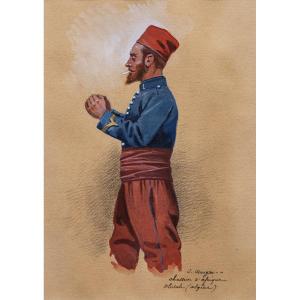 Orientalism - Monge Jules - French Colonial Soldier In Algeria - Gouache - Signed