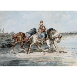 Jolly Emile – Young Man Driving 2 Horses – Watercolor – Circa 1880 - Signed  