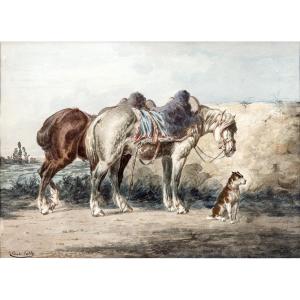 Jolly Emile – Two Horses And A Dog – Watercolor – Circa 1880 - Signed  