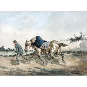 Jolly Emile – Boy Driving A White Horse – Watercolor – Circa 1880 - Signed  