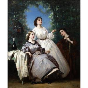 Gabé Nicolas Edward (1814 – 1865) – Trois Femmes Au Parc – Huile Sur Toile - Signé