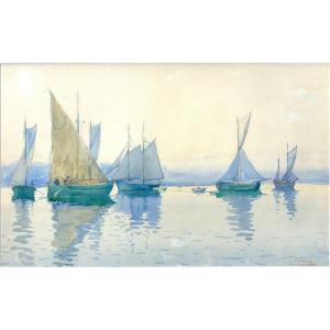 Pelenc Simeon – Barques De Pêche En Méditerranée – Aquarelle – Signée - Fin XIXe 