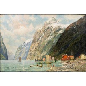 Norway - Conrad Selmyhr - The Fjord And The Red House - Early 20th Century - Signed