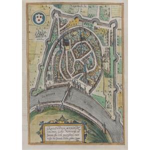 Colored Engraving – Cavalier Plan Of The City Of Grenoble – 17th Century.