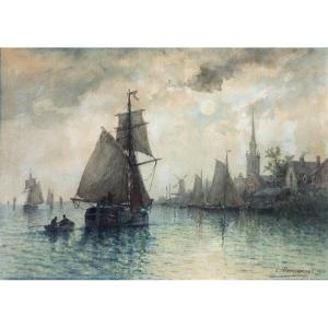 Louis Etienne Timmermans – Voiliers Au Port – Aquarelle – Signé Et Daté 1900