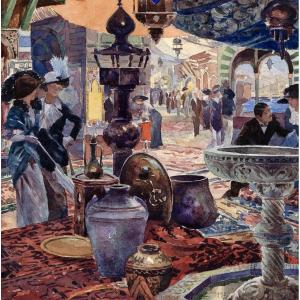 Marché Oriental à L’exposition Universelle De 1913 – Aquarelle – Monogrammé Et Daté