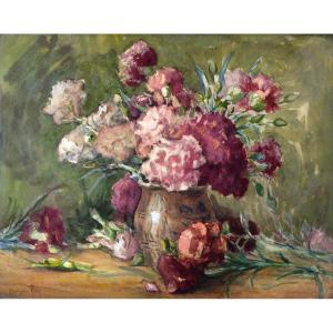 Adolphe Rey – Bouquet Of Pink Carnations – Watercolor – Signed And Dated 1923