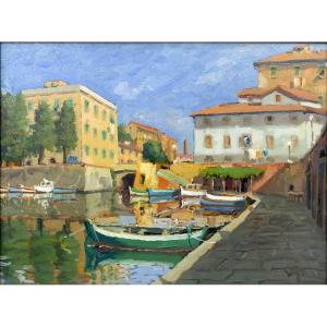 Giancarlo Landi – Le Port De Livourne (italie) – Huile Sur Panneau - Signé