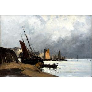 Albert Nolet – Bateaux Au Port – Huile Sur Toile - Signé