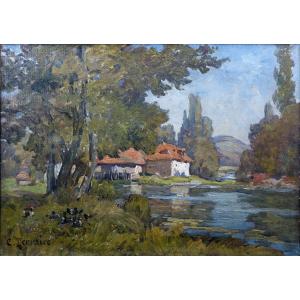 Clovis Terraire (1858 – 1931) – Farm With Pond And Ducks – Signed 