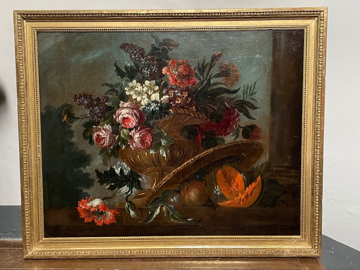 Grande Nature Morte De Fleurs Et De Fruits Du XVIIIème Siècle 