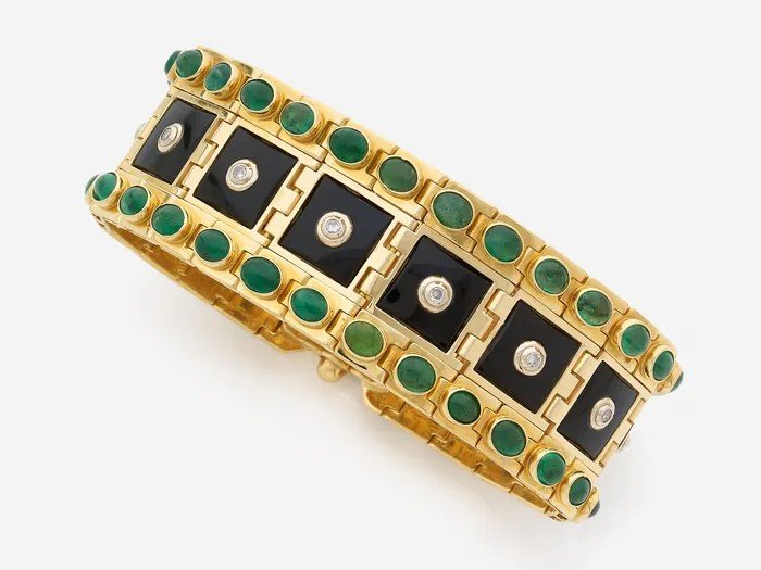 Large Articulated Bracelet Gold Emeralds Diamonds Onyx-photo-2