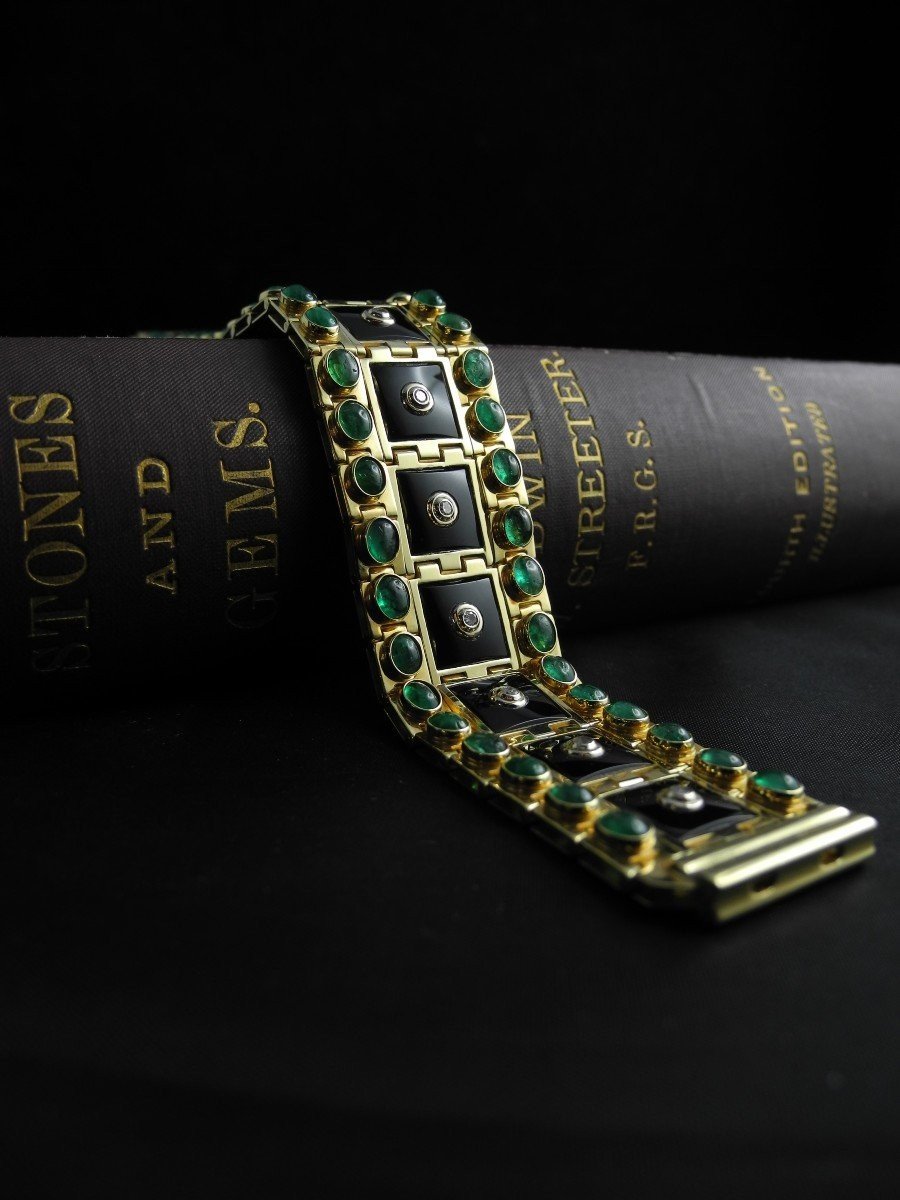 Large Articulated Bracelet Gold Emeralds Diamonds Onyx