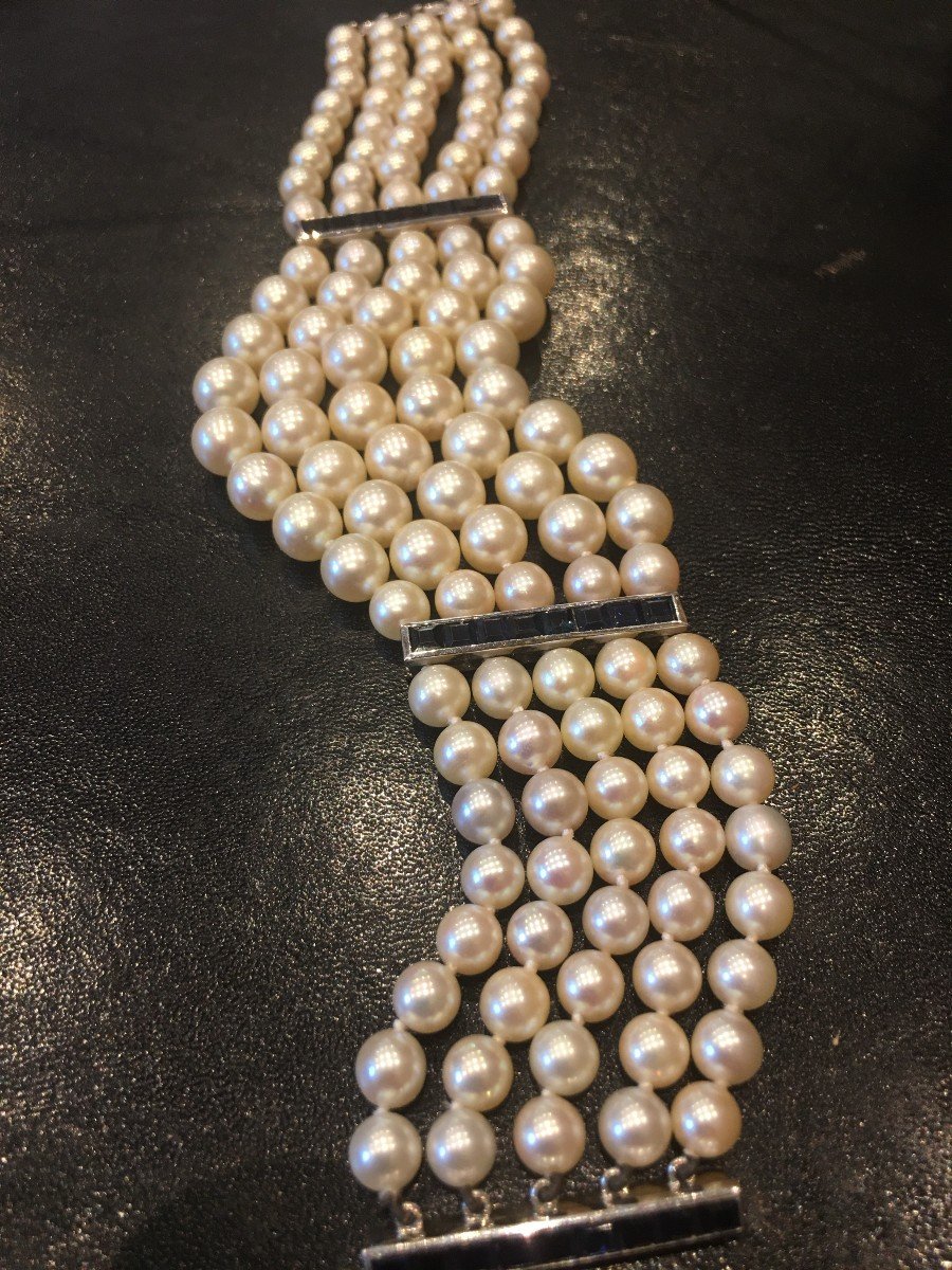 Art Deco Bracelet In White Gold With Five Rows Of Pearls...